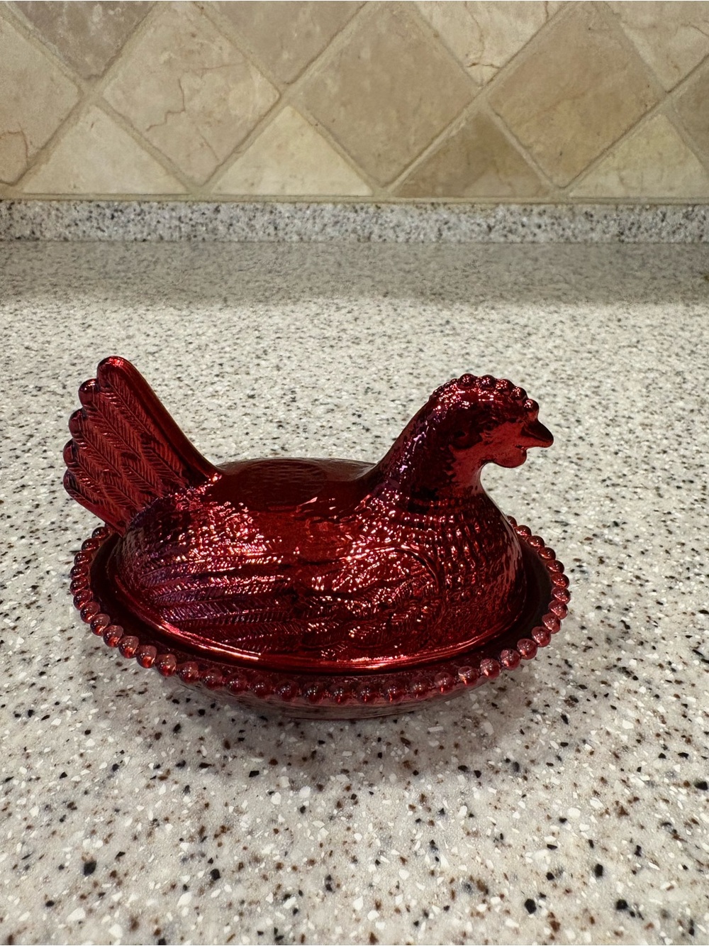 Red Glass Hen-on-Nest Covered Dish